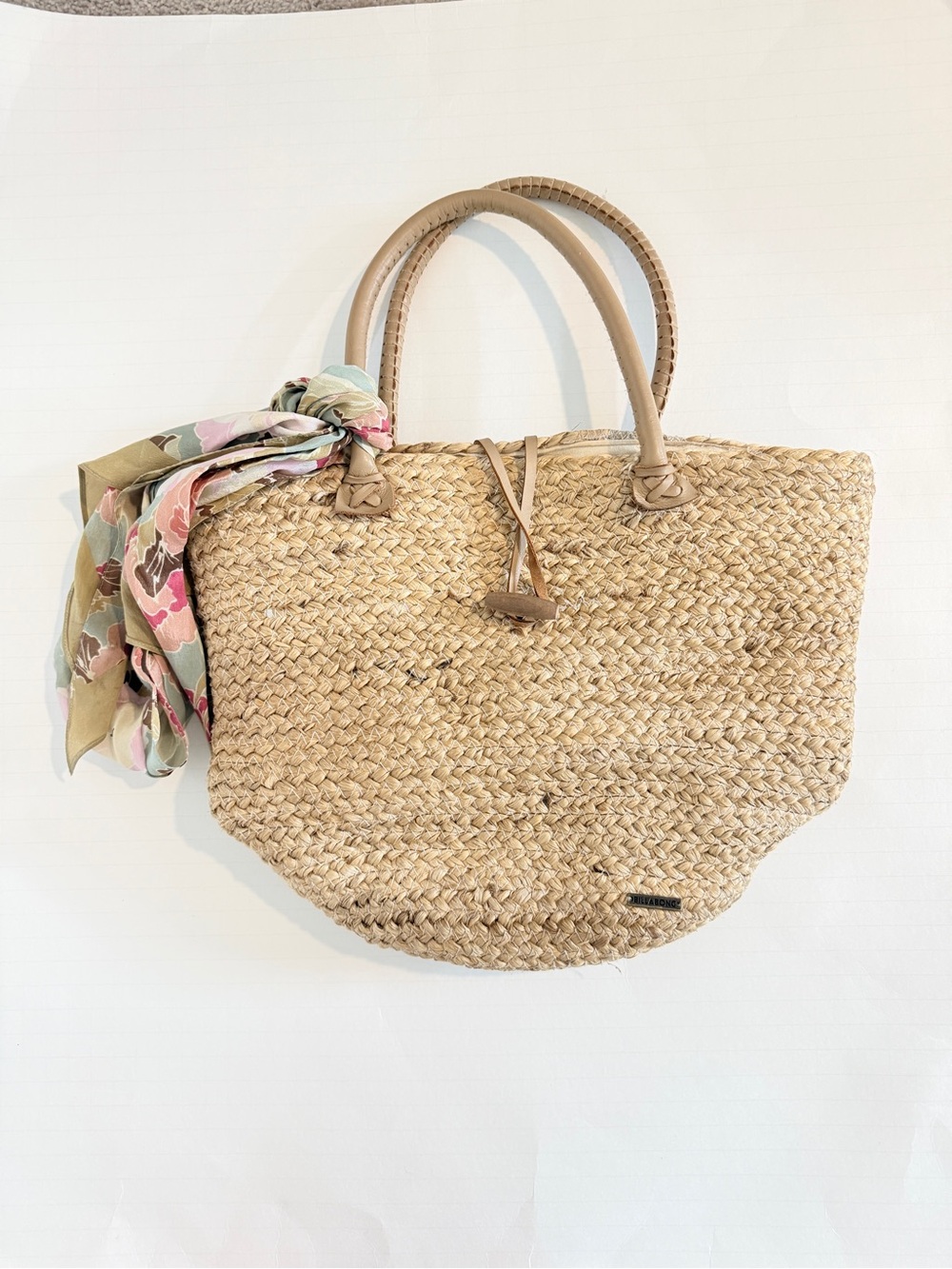 Rip Curl Woven Straw Tote Bag with Leather Handles & Floral Scarf